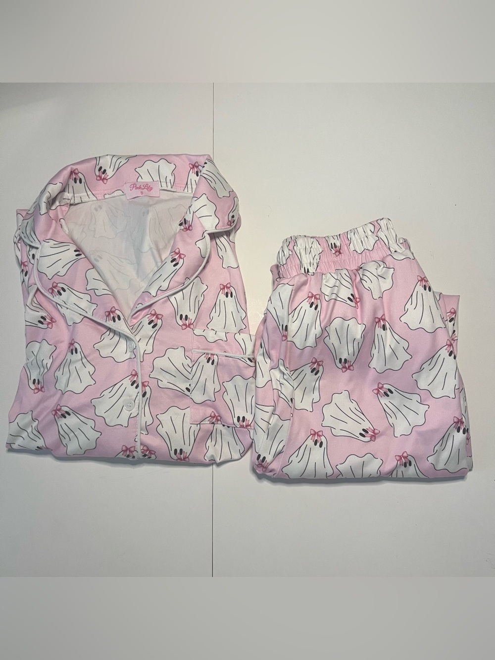 Pink Lily Kids Pink Ghost Print Pajama Set with Button-Front Top